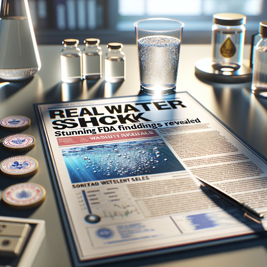 A photorealistic image representing a headline entitled 'Real Water Shock: Stunning FDA Findings Revealed'. The image incorporates visuals relevant to the headline, including a close-up of water droplets on a glass, scientific documentation on a desk with results highlighted, and official-looking seals or emblems. The lighting is natural, creating soft shadows, and everything in the scene is clearly visible and detailed.
