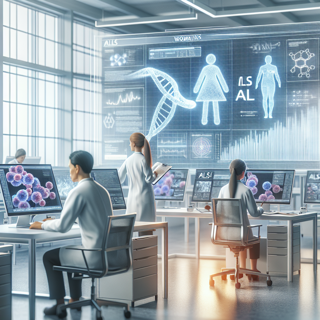 A photorealistic image showcasing a modern scientific laboratory with research on ALS prominently displayed on screens and charts, highlighting the unique challenges faced specifically by women. The lab is brightly lit by natural daylight, creating soft shadows around the room. A Caucasian female scientist is intently reviewing the data, while an Asian male scientist is taking notes, both expressing determination and focus. A symbol for women and a representation of the ALS molecule in 3D are also featured in the image.