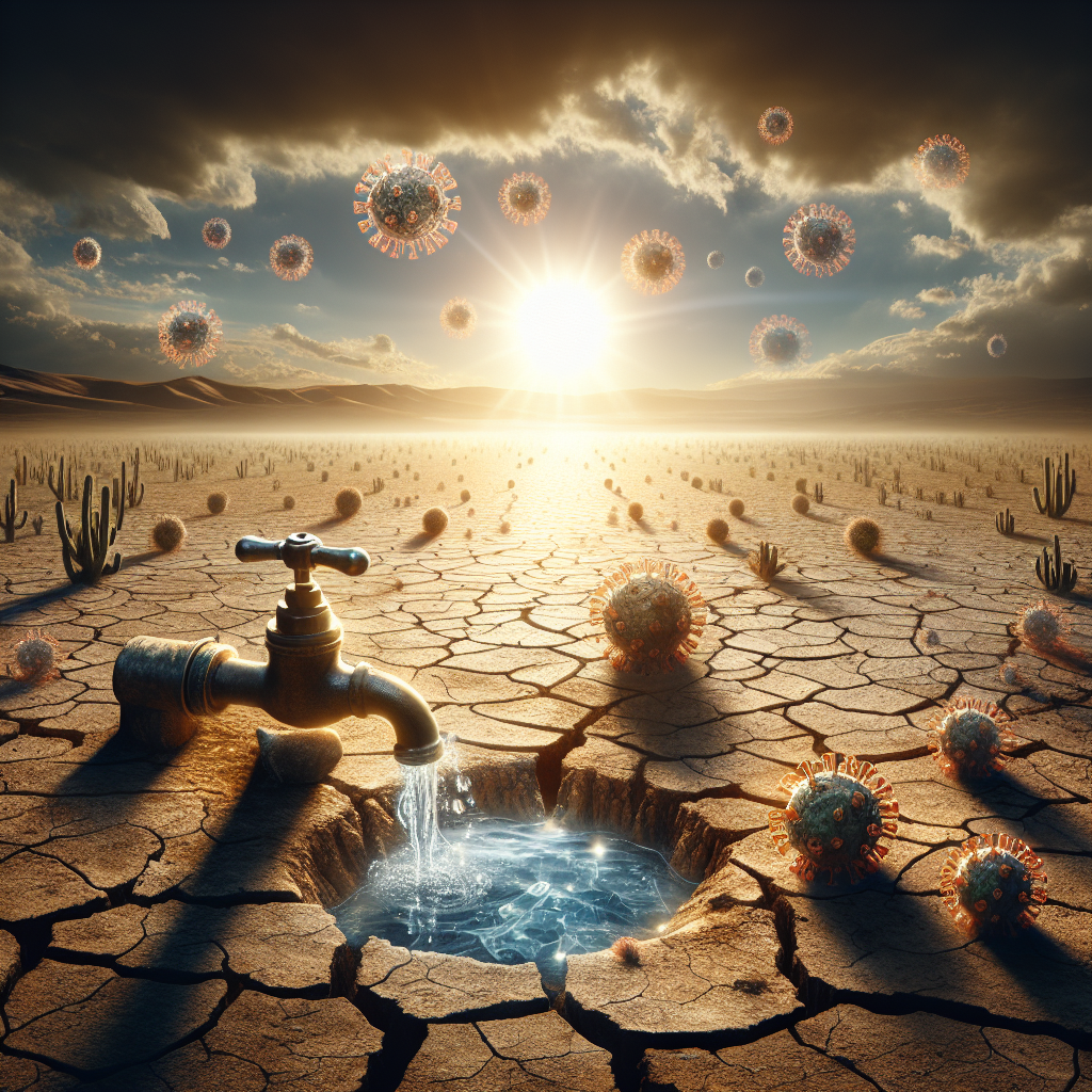 A visually stunning depiction of a water crisis instigating a hepatitis outbreak. The scene illustrates an expansive view of a barren, arid landscape under the harsh, sunlit sky. Cracked earth yawning under the incandescent sun, conveying the drought conditions. In the foreground there's a leaking faucet, with the last few drops of water falling onto the dry soil -- a symbol of dire water shortage. Floating around, there are semi-transparent viral particles symbolizing the hepatitis outbreak, adding a striking contrast to the realistic scene. The use of natural lighting creates soft, but ominous shadows, defining the severity of the situation.