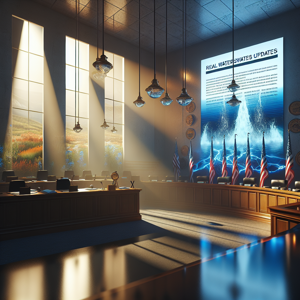 Generate a high-quality, photorealistic image illustrating the concept of 'Real Water Lawsuits Updates'. It should visually dramatize the shocking impact that these legal battles have on societies and environments. Use natural lighting to depict a serene yet serious courtroom. Soft shadows should hint at the graveness of the situation without obscuring the details. Display legal documents with highlighted lines indicating crucial points in the lawsuits. Behind them, imagine a contrasting image of disturbed water sources, indicating the environmental impact. The image should balance the human drama with natural consequences.