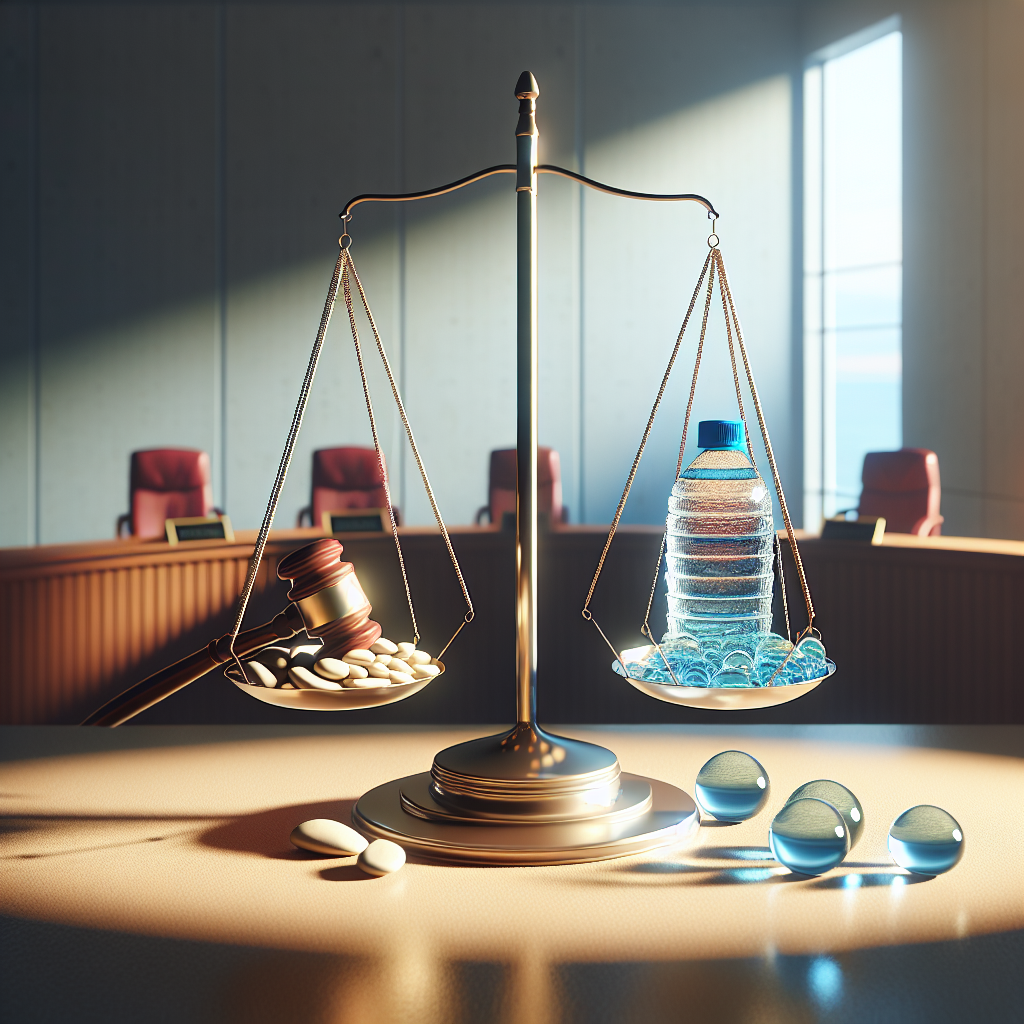 Showcase an illustrated conceptual representation of a lawsuit regarding hydrazine, a dangerous chemical. The image should depict a balance scale tipped to one side to represent the difference in billions in an abstract way. It should be rendered in a high-quality, photorealistic style with natural lighting and soft shadows. The scene should be placed in a courtroom setting that symbolizes justice and judgment, with elements of water to centralize the theme around hydrazine. Perhaps, hydrazine contaminated water being compared with clean water, thereby leading to public health concerns. Emphasize the high stakes and dramatic implications of this situation.