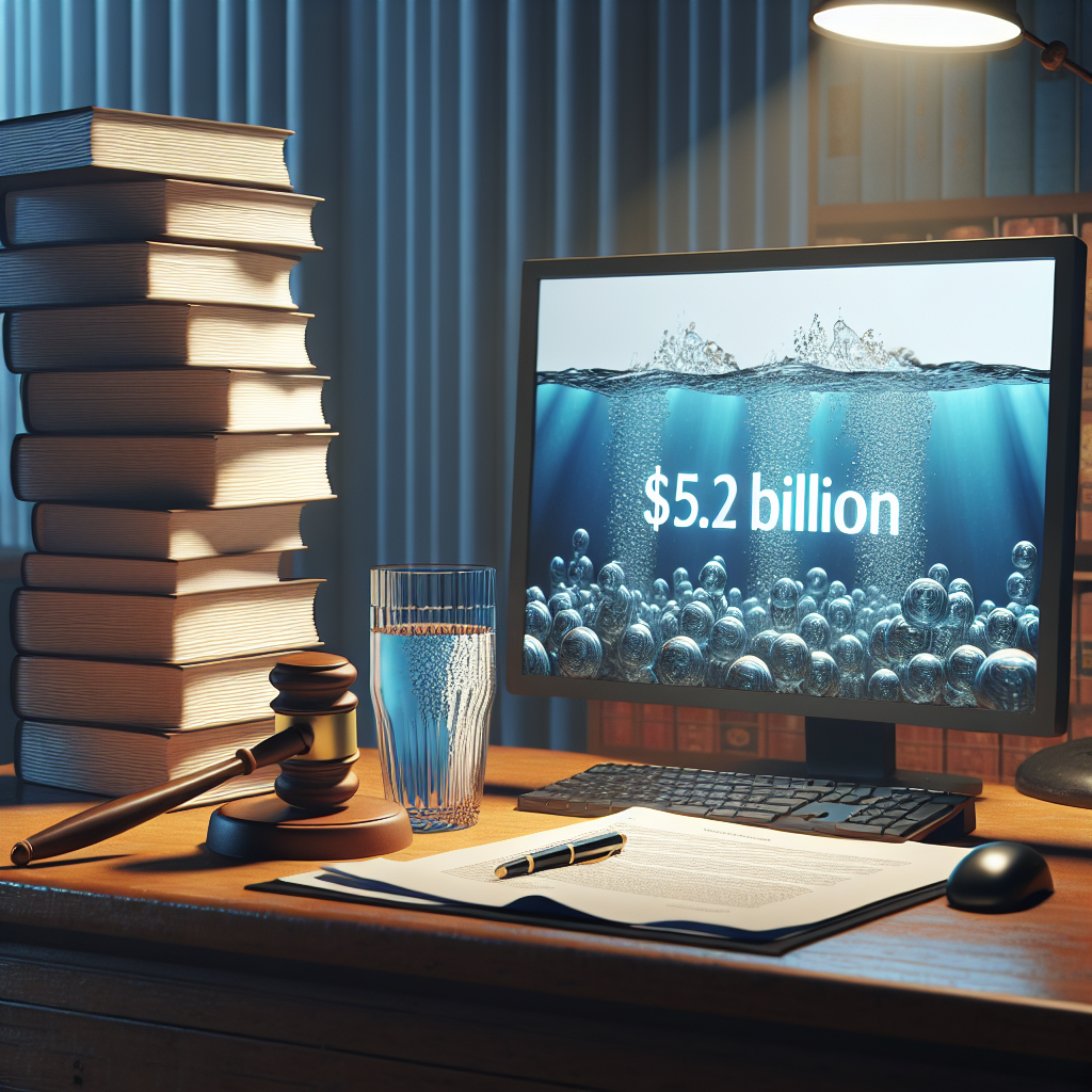 Create a photorealistic image depicting the concept of legal battles over water rights. The scene should show stacked papers hinting about a court case or legislative documents, a gavel indicating legal action, a glass of water to represent the water rights issue, and a computer screen displaying a shocking figure of $5.2 billion, indicating the financial consequences. Make sure the lighting is natural, with soft shadows that enhance the solemnity of the situation.