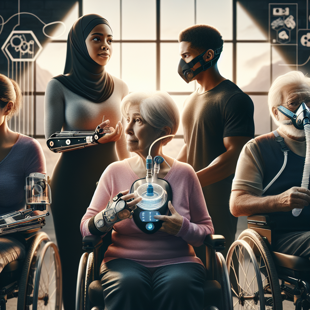 Visualize adaptive technology aids employed for people living with ALS. Captivate an image illustrating the grasping aids, adaptive communication technology, power wheelchairs, and breathable masks in use by people of various descents: a middle-aged Caucasian woman, a young Hispanic male, an elderly Black gentleman, a South Asian woman sporting a headscarf, and a physically fit Middle-eastern man. The ambiance of the image expresses the uplifting spirit of independence and freedom these Aids grant, using natural lighting casting soft shadows, creating a sense of optimism and hope.