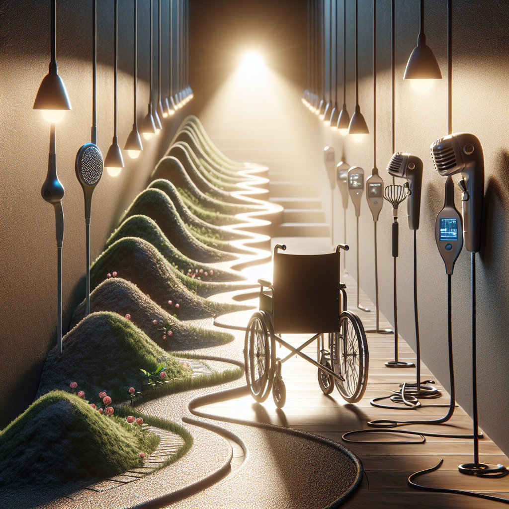 Create a photorealistic image that represents the progression of ALS (Amyotrophic Lateral Sclerosis) through visual metaphors. Show a pathway with varying terrain, symbolizing different stages of the disease. On the pathway, portray assistive devices such as wheelchairs, and voice synthesizers, symbolizing the support solutions available. Illuminate the scene with natural lighting and pepper it with soft shadows to evoke a sense of hope and resilience.