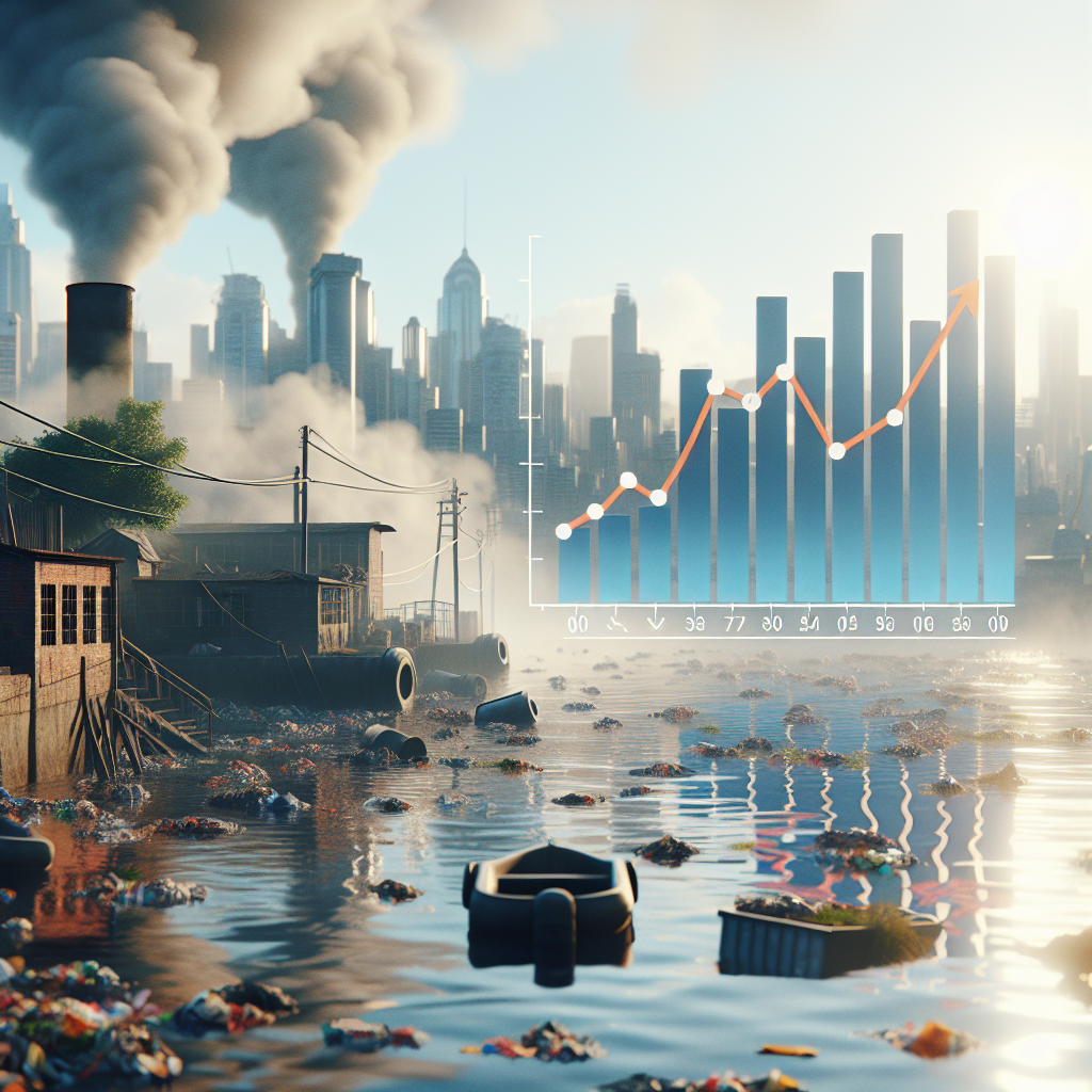 Create a photorealistic image that represents the shocking impact of urban water pollution on ALS rates. The scene should portray a city with indications of water pollution such as murky water bodies, litter in the water, and smoky factories in the background. Overlay on the image, there should be a graph showing a notable increase in ALS rates. The whole scene should be bathed in natural lighting and there should be soft shadows for an effect of depth, emphasizing the gravity of the situation. No human figures or identifiable locations are necessary.