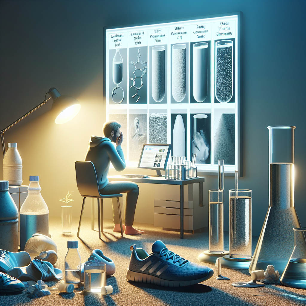 Create a photorealistic image of a series of vignettes depicting water contamination stories, under natural lighting with soft shadows. In one vignette, show laboratory results revealing high levels of harmful chemicals in a water sample. In another, depict a concerned individual researching on a computer, their face illuminated by the screen light, a glass of water nearby. For the impactful ALS story, show a symbolic representation such as a pair of discarded running shoes, suggesting that the previous owner can no longer use them. Use visual symbols to strongly express the shocking impact of ALS due to water contamination.