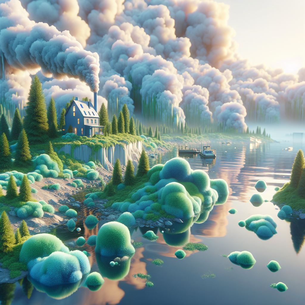 Render a high-quality, photorealistic image that indicates the presence of SO2 pollutants in water. Infuse the scene with natural lighting and soft shadows to underline the dangerous nature of the problem. Add visual cues to suggest exclusive, dangerous insights about the effects of these pollutants on the water quality, environment, and possibly animal life. Please emphasize the imbalance caused by these pollutants, and showcase elements of concern and attention to detail that may provoke thought, reflection, and conservation.