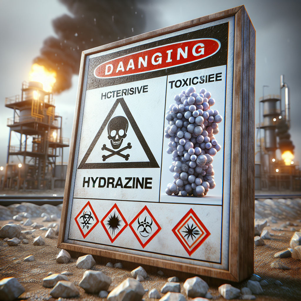 Create a high-quality, photorealistic image illustrating the dangers of hydrazine. The image should emphasize the shocking toxicity risks associated with hydrazine. Use natural lighting and soft shadows to enhance the intensity of the message. Include within the image a detailed depiction of safety symbols and signs that directly represent the toxic, explosive, and corrosive nature of this chemical. The mood and tone of the image should effectively invoke a sense of caution and awareness in the viewer's mind.