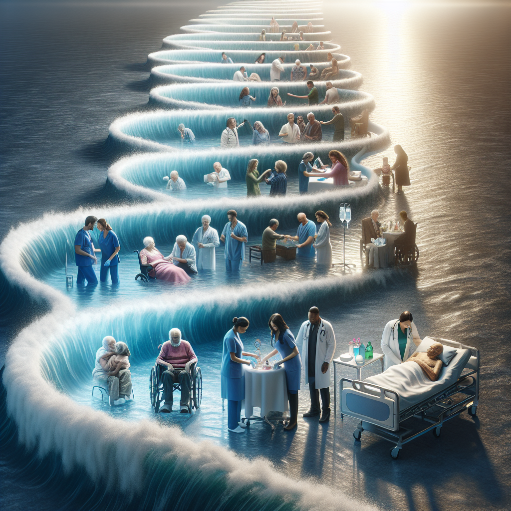 Produce a high-quality, photorealistic image that visualizes a timeline, using elements of water as symbols of time. Starting at the top left, the water should begin as a small spring, flowing into a winding river which turns into a vast ocean by the bottom right. Across this timeline, depict numerous instances of care, support, and healing for individuals dealing with ALS. Include scenes of medical practitioners, loved ones, and community members providing both physical support and emotional care. The practitioners should be represented by both genders, and patients should be diverse in descent, including Caucasians, Hispanics, and Blacks. The lighting should be natural with soft shadows to accentuate the beauty and resilience of this journey.