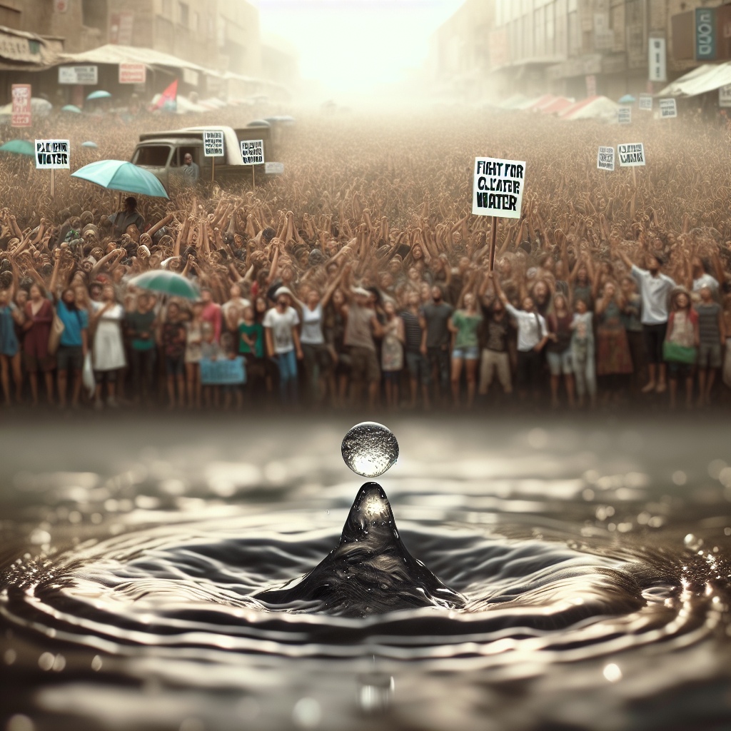 Produce a high-resolution image that realistically portrays a symbolic struggle for cleaner water. Capture the essence of this struggle in a gleaming water droplet splashing against a murky background, the droplet's clarity contrasting sharply with the dirty water. Have the background framed with crowds of diverse people from different descents and genders advocating for change, holding banners that read 'Fight for Cleaner Water.' Use natural lighting with gentle shadows to exhibit a sense of hope in the grim face of adversity.