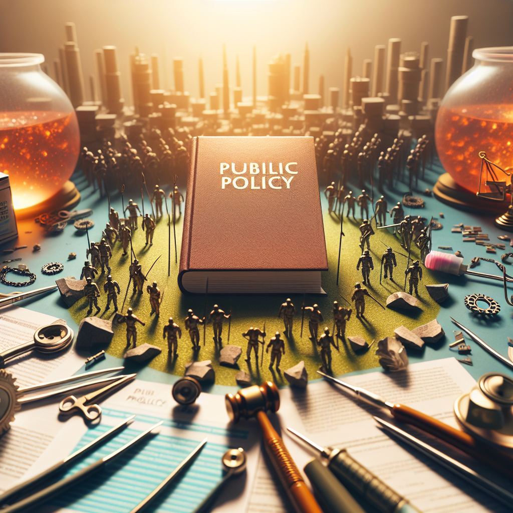 Create a compelling, photorealistic image that symbolizes a victorious battle against ALS (Amyotrophic lateral sclerosis), represented through metaphorical elements. In the center, depict an informational booklet titled 'Public Policy', symbolizing the strategical element in the battle. It's bathed in natural light, casting soft shadows onto a symbolic battlefield filled with miniature medical instruments, research papers, and broken chains to represent the fight and freedom from the disease. The color tone of the image should be warming, indicating hope and resilience.