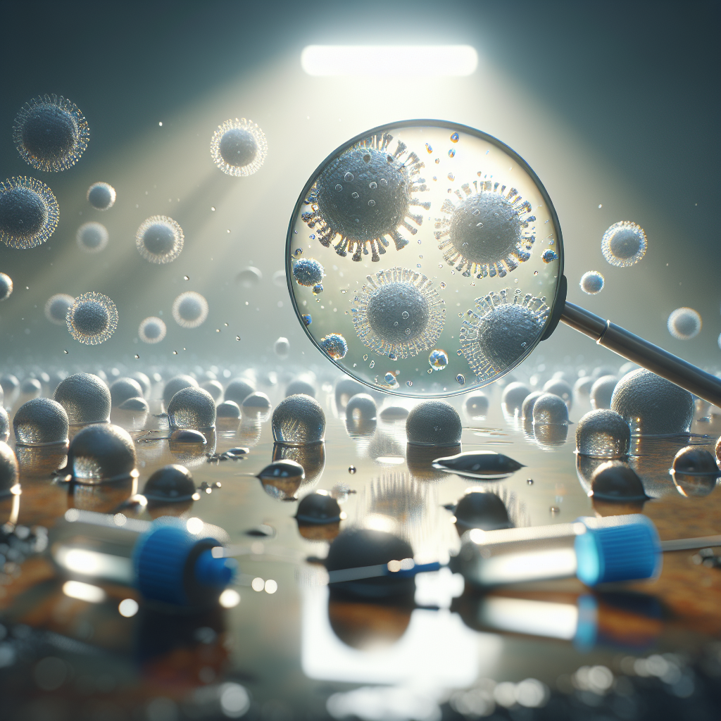 Create a photorealistic image that portrays the concept of a hepatitis outbreak linked to water contamination. The scene should capture a close-up of water droplets, perhaps magnified to show lurking microscopic virus particles, to depict the hidden danger. Use natural lighting, soft shadows and a thought-provoking perspective. Please add a banner at the top of the image with the title 'Hepatitis Outbreak: Stunning Truth About Real Water.'