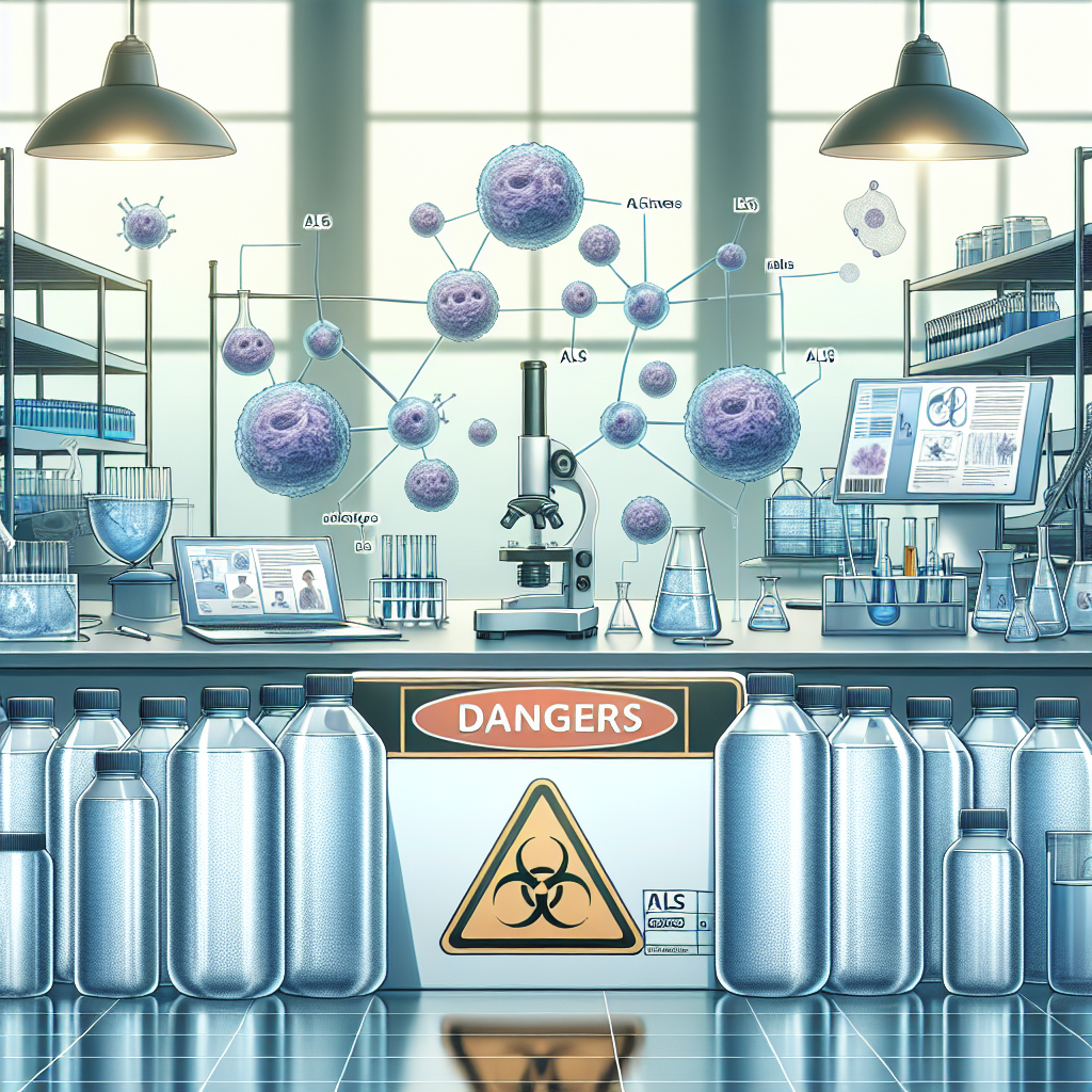 Create an image showcasing a science laboratory setting where research on ALS treatments is underway. On one side, underline the importance by displaying microscopes, Petri dishes with cultured cells, lab reports, etc. On another side, show a caution sign or symbol near a group of bottled water with a tag that reads 'Dangers', implying the hazards associated with certain types of bottled water. The scene should be filled with natural lighting coming from a large window, and soft, diffused shadows should be spread throughout.