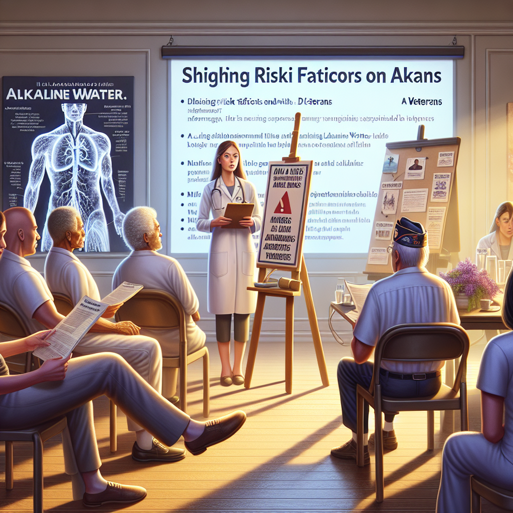 A depiction of a serene scene taking place in a health discussion room where crucial information is being shared. In the room, there's an easel with a chart displaying the shocking risk factors associated with ALS, focusing on veterans. Additionally, a projector screen is rolled down, showing slides exposing myths associated with alkaline water. The room is filled with a diverse set of people including a Caucasian female healthcare professional armed with brochures, an Native American male veteran looking intrigued, and a Middle-Eastern woman jotting notes about the session. Use natural lighting and soft shadows.