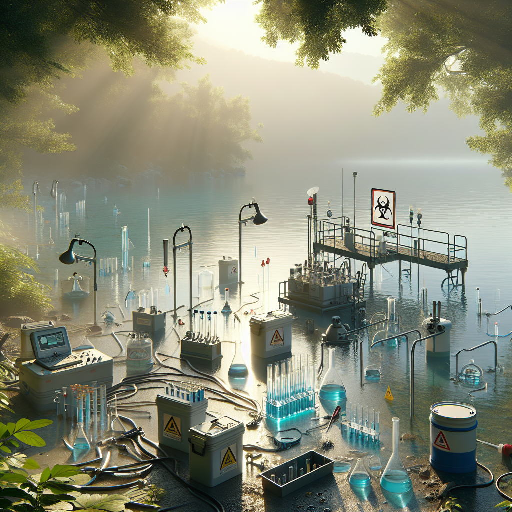 Create a photorealistic image illuminated with natural light casting soft shadows, portraying the concept of Water Proximity Studies in relation to Avoiding Risky ALS Discoveries. The image may include a serene waterside environment with various scientific equipment and instruments scattered hectically around, signifying the struggle and importance of conducting these sensitive studies. Further, visual cues implying caution and risk prevention could be represented, such as biohazard signs and gated areas.