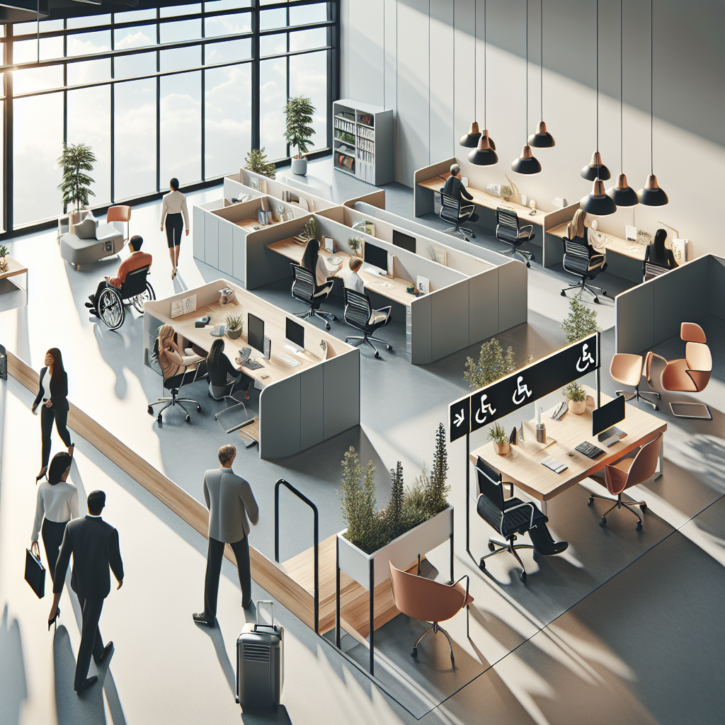 Produce a high-quality, photorealistic illustrated image that portrays a professional setting designed with ALS workplace accommodations in mind. Show various essential measures such as an accessible desk setup with adaptive computer hardware, ergonomic furniture, and an open floor plan for easy navigation. Additionally, represent best practices such as clear signage for accessible entryways, a facilities layout that avoids creating challenging obstacles, and a quiet room for rest. Incorporate in the image a mix of people from different descents such as Caucasian, Black, Hispanic and South Asian, who are working inclusively in this space. Use natural lighting and soft shadows for atmosphere.