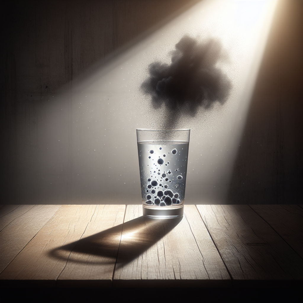 A conceptual representation of the disturbing reality of contaminated water triggering ALS, symbolized as a clear glass of water with impurities and dark shadows inside. The solution is shown as a pure and glowing light hovering above the glass, dispelling the shadows. The setting is a simple, rustic wooden table under natural daylight, creating a soft shadow over the scene, symbolizing potential hope and remedial measures towards this bottled-up issue.
