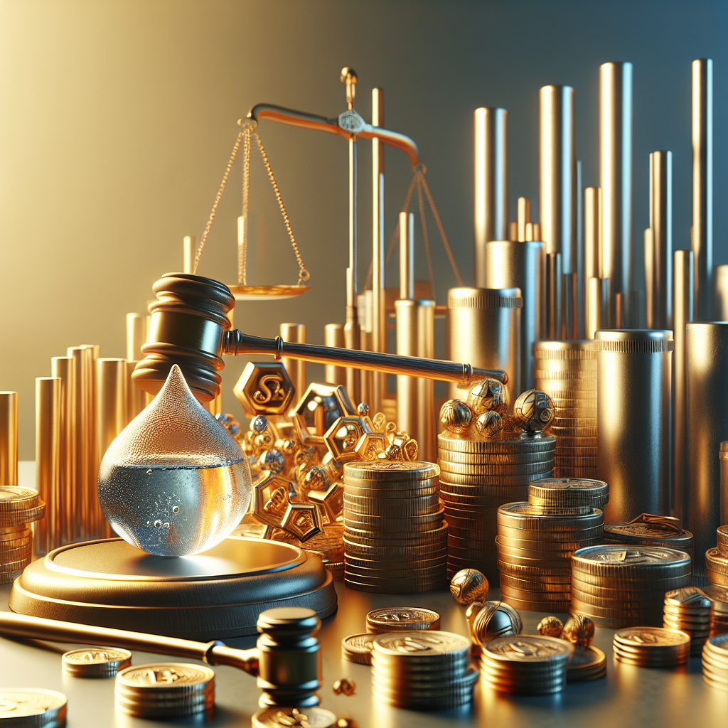 Generate a high-quality, photorealistic image using natural lighting and soft shadows. The scene should represent a metaphorical instance of a 'stunning victory'. Inspiring symbols could include a gavel symbolizing justice, a water droplet implying 'water pollution', and various metallic elements to signify 'heavy metals'. Also, include a representation of a big amount, perhaps through stacks of gold coins, to signify the '$228M settlement'. Remember to keep everything in a balanced and harmonious composition.