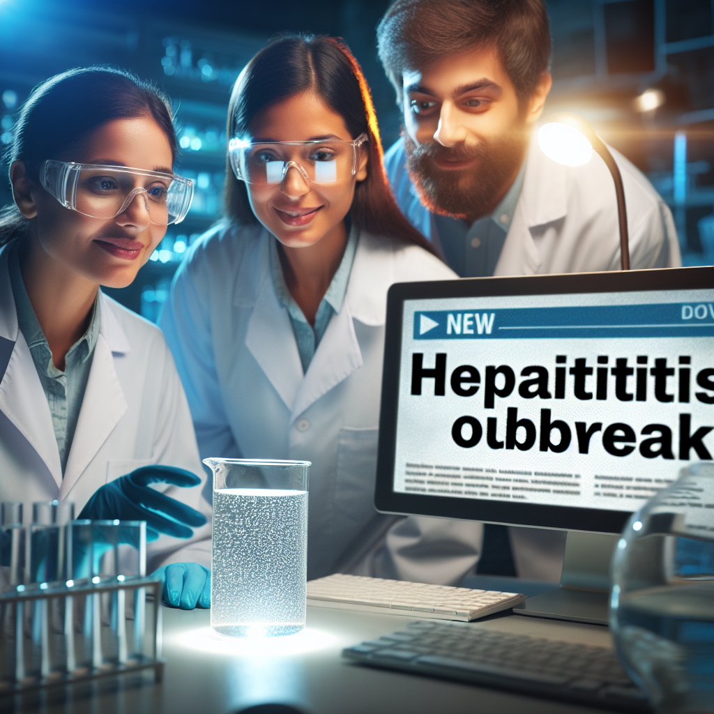 A scientific discovery scene where researchers (a Middle-Eastern man, a Hispanic woman, and a Caucasian woman) are observing a water sample in a laboratory setting. The 'Hepatitis Outbreak' headline appears on a visible computer screen. The main focus is a beaker of water featuring soft natural lighting and elegant shadows, symbolizing the 'Stunning New Real Water Discovery'. The lab is full of advanced equipment and they look excited, implying they have made an important discovery related to the Hepatitis outbreak.