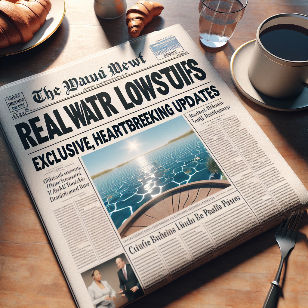 Create a photorealistic image of a newspaper front page. The newspaper's headline reads: 'Real Water Lawsuits: Exclusive, Heartbreaking Updates'. The image should capture the light of a sunny day, consequently giving the paper a natural glow and casting soft shadows. Included in the front page are a couple of relevant articles, the outlines of some photos related to the stories, and columns of text. The environment around the newspaper is a typical breakfast table setting with a cup of hot coffee and a plate of croissant nearby.