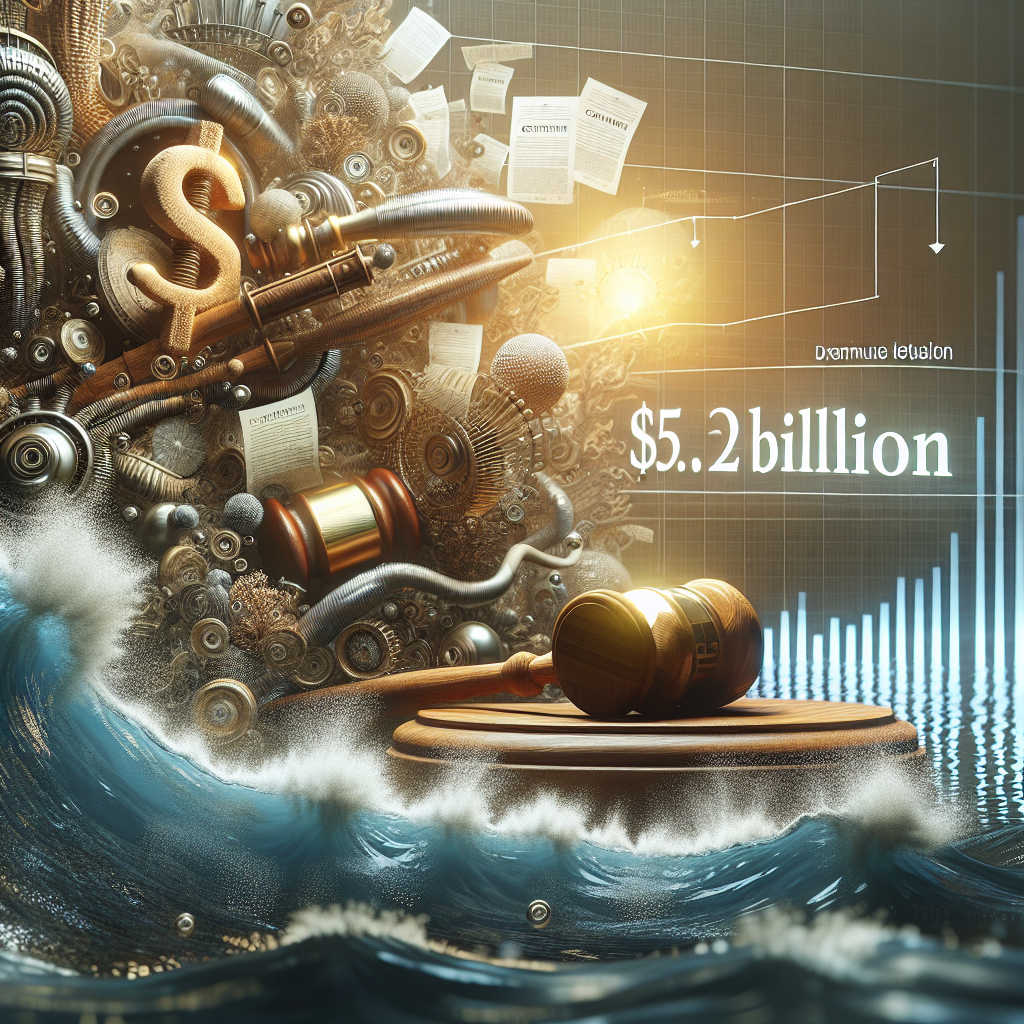 Generate an intricately detailed image that captures the concept of legal battles over water regulations. The focus should be on the profound impact it has, represented by a staggering figure of $5.2 billion. Design the image in a photorealistic style with a predominant use of natural lighting and soft shadows. It can feature symbolic elements such as flowing water, gavel, contracts or legal documents, and a large price tag or a dynamic digital counter showing the 5.2 billion figure.