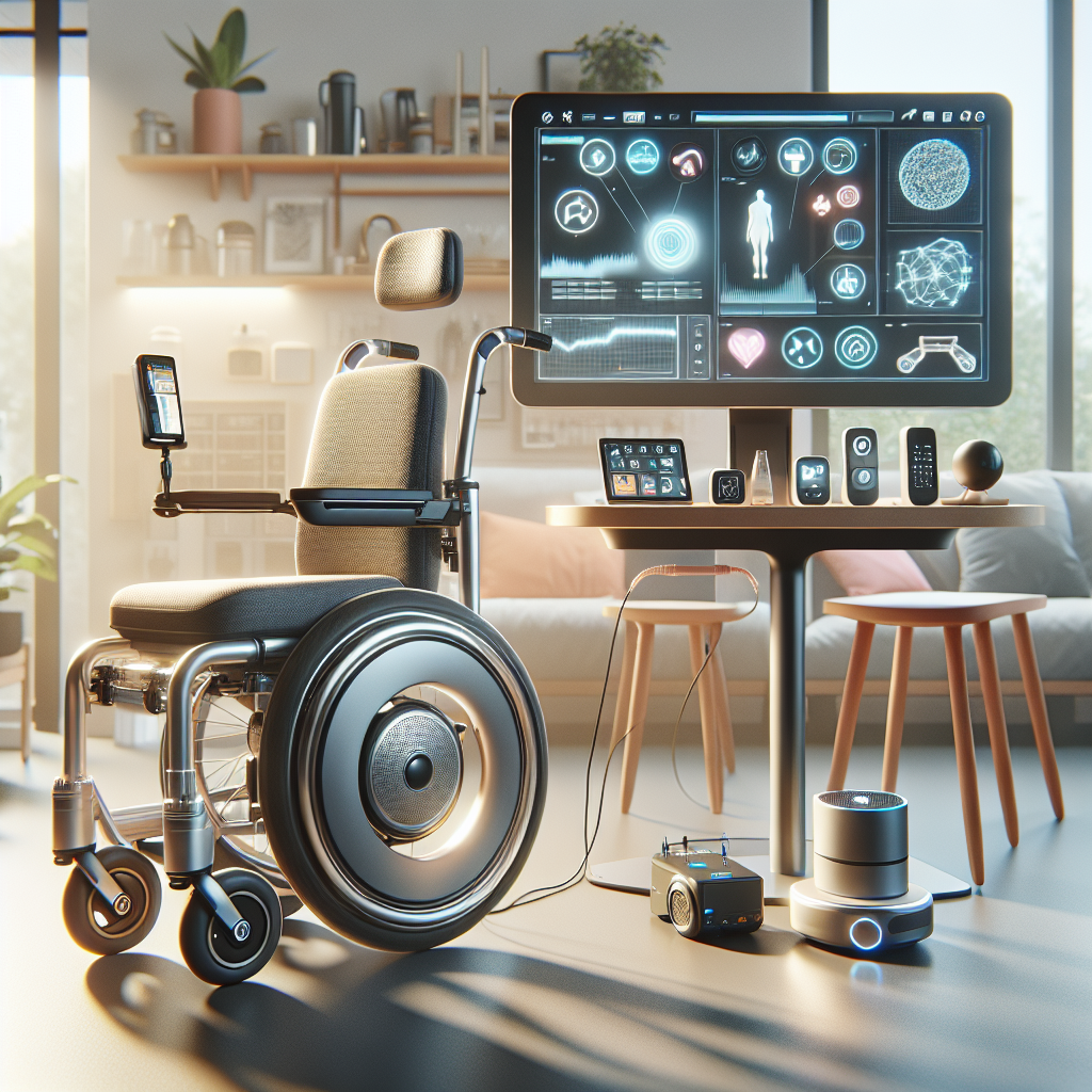 Generate a high-quality, photorealistic image showcasing a scene related to ALS (Amyotrophic Lateral Sclerosis) technology aids. In the foreground, show a technologically advanced motorized wheelchair, designed in a sleek and modern style. The chair is outfitted with various adaptive tools such as a dynamic display screen and innovative control mechanisms. Adjacent to the chair, depict a home setup with state-of-the-art assistive devices like voice-controlled smart home systems and adaptive switches for ease of use. Present all the items under natural light, creating soft shadows that feature the objects prominently. The scene is intended to embody the theme: 'Transforming Lives Effortlessly.'