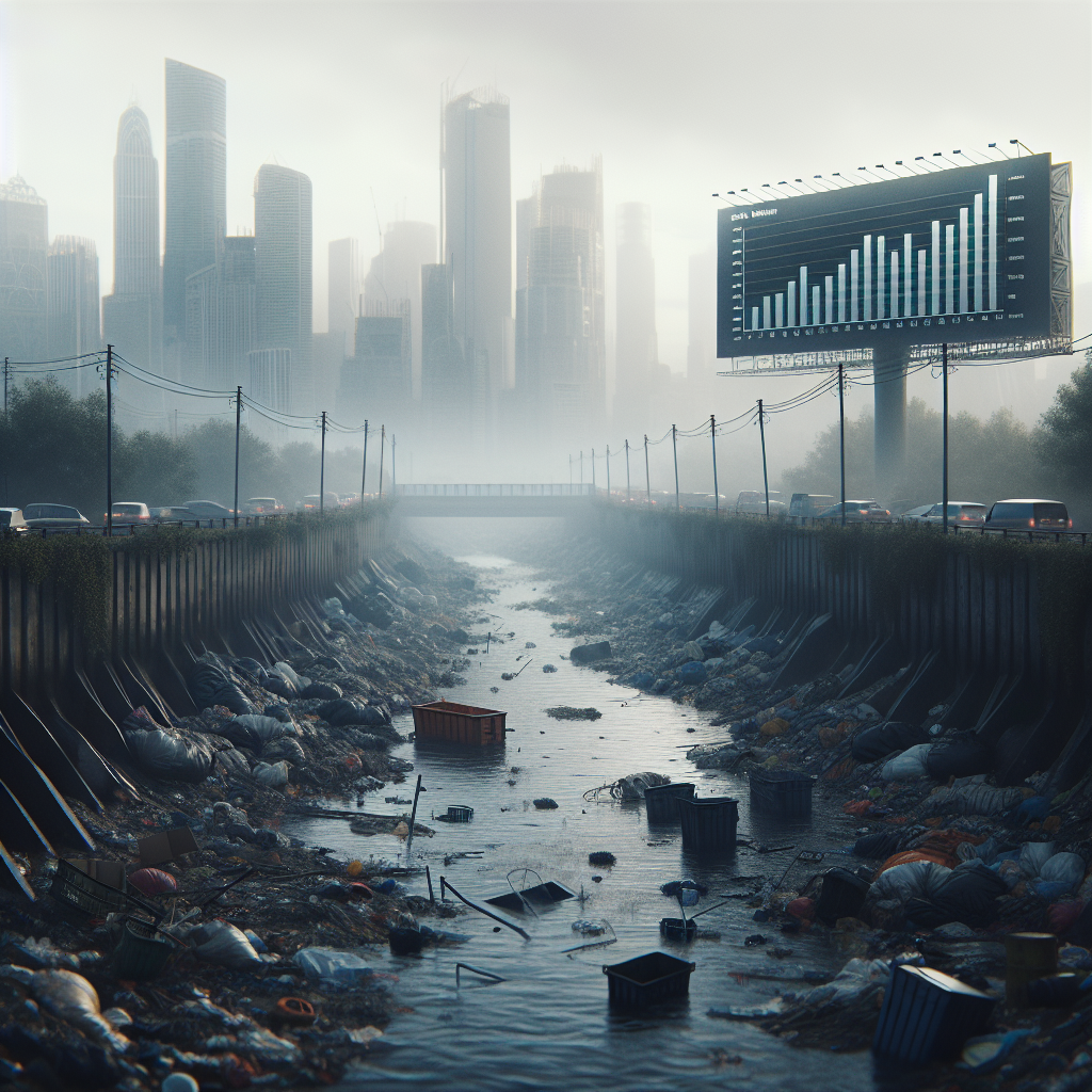 Create a photorealistic image showing a polluted urban river that's filled with waste and discarded objects. The sky should be overcast, indicating an adverse environment. In the foreground, there should be a prominent billboard showing a graph that signifies a steep rise in ALS rates. The lighting should be natural with soft shadows, accentuating the melancholic atmosphere. Although the scene is disturbing, it also has an eerie beauty about it, a stark reminder of the serious impacts of environmental degradation.