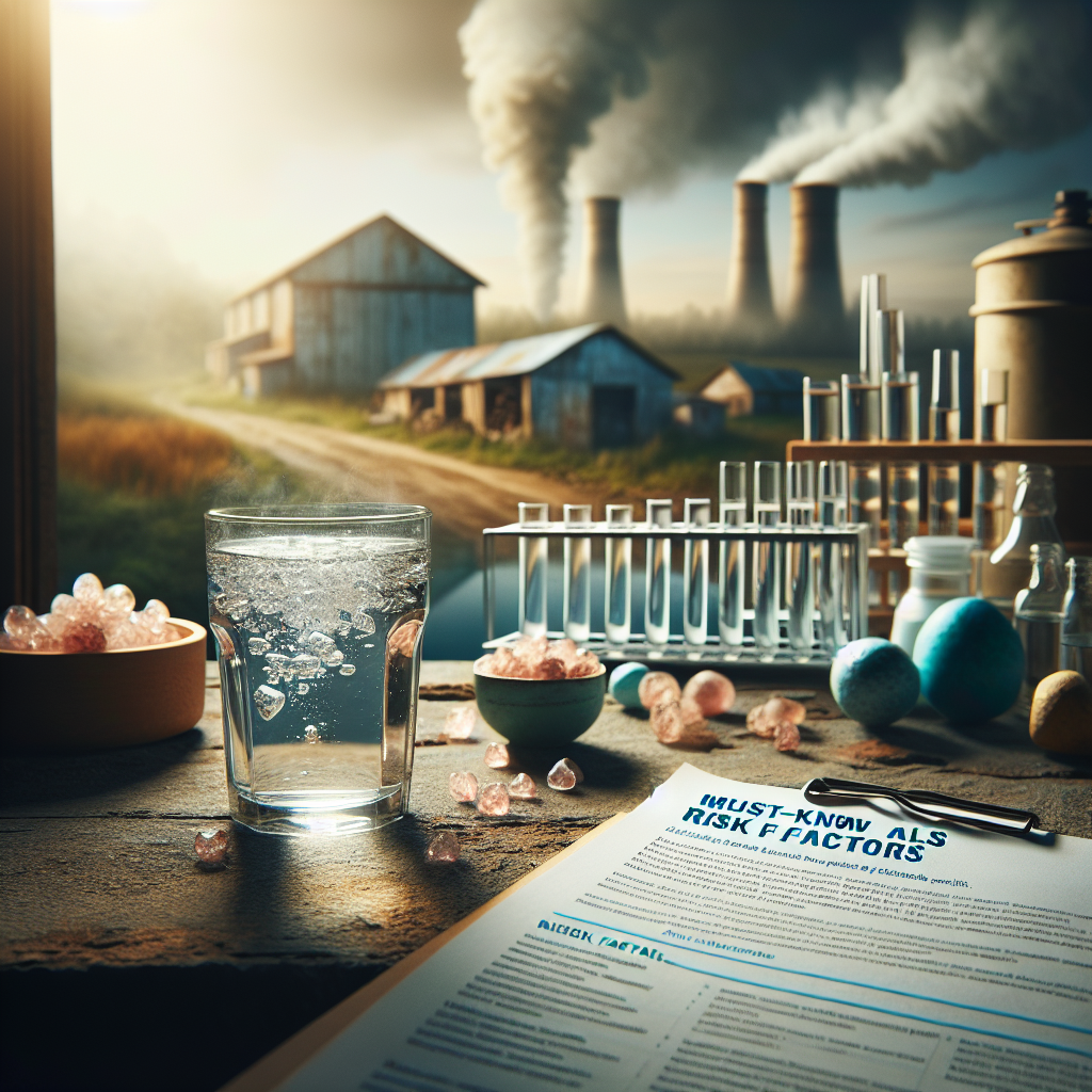 Imagine a photographically realistic image that illustrates the risk factors of Amyotrophic Lateral Sclerosis (ALS) related to untreated water. The scene is lit by natural light, creating soft shadows. Feature a clear glass containing raw, untreated water in the foreground. Include a background with elements symbolizing the risk factors - perhaps a rural scene with a polluted river, or an urban area with run-down water treatment facilities. Nearby, place an informational chart or booklet titled 'Must-Know ALS Risk Factors'. Make the overall mood serious and impactful to emphasize the importance of the subject.
