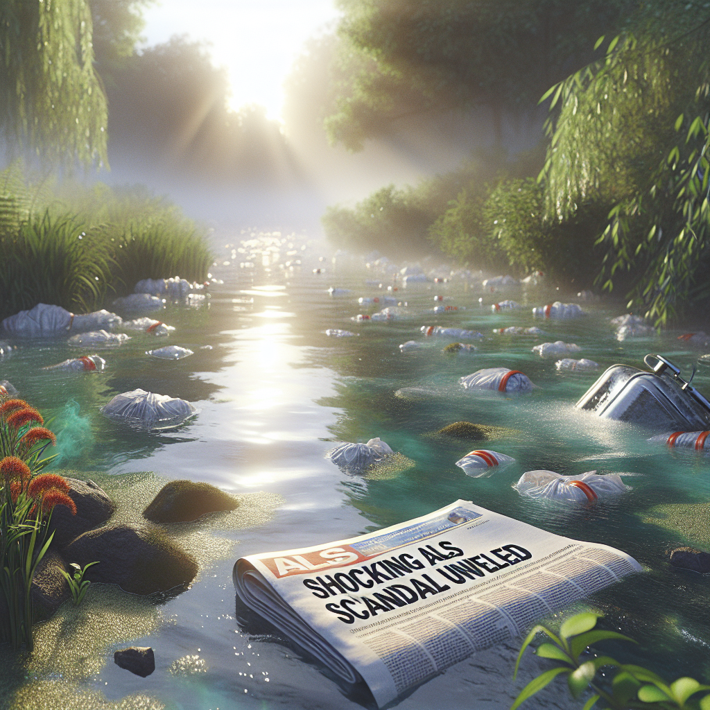 Generate a detailed, high-quality, photorealistic image using natural lighting and soft shadows, depicting the concept of water contamination. The scene should depict a polluted river with visible toxic waste and the effect it has on the surrounding flora and fauna. To represent the ALS scandal, show a newspaper partially submerged in the water with headlines reading 'Shocking ALS Scandal Unveiled'. Ensure that the image adequately conveys the seriousness of the situation.