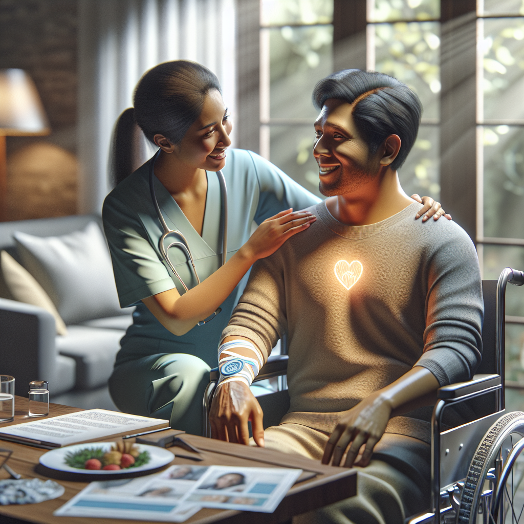 A photorealistic image capturing an important moment in ALS caregiving. It includes a compassionate healthcare worker of Hispanic descent with a friendly smile, providing personalized assistance to a South Asian patient in a wheelchair. The scene is set in a comfortable living room during daytime, filled with natural light creating soft shadows. On a table next to the patient, there are various informative books and notes with highlighted areas, hinting at the secrets to powerful, life-changing caregiving strategies.
