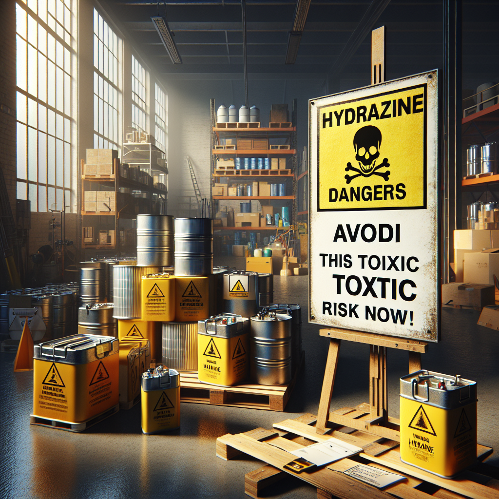 A detailed depiction of a warning image emphasising the dangers of Hydrazine. The setting is an industrial environment with properly labelled storage containers and safety equipment. On the foreground, a text banner reads 'Hydrazine Dangers: Avoid This Toxic Risk Now!'. The palette leans towards cautionary tones of yellow and black, illuminated by natural lighting which casts soft shadows in the scene. The overall mood should evoke a sense of urgency and caution.
