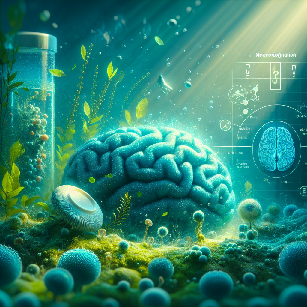 Illustrate a conceptual image that represents cyanotoxins and their possible link to neurodegeneration risk. The colors should primarily be shades of blue and green, symbolizing the toxic substances found in algae blooms. Also, include visual elements that subtly hint at the neurological context. Illuminate the scene with natural lighting to create soft shadows and emphasize realism. To further indicate the risk factor, include symbols such as exclamation marks and danger signs, but render them in a tasteful, non-alarming manner. The overall image should inspire curiosity and thoughtfulness around the subject, rather than fear or dread.