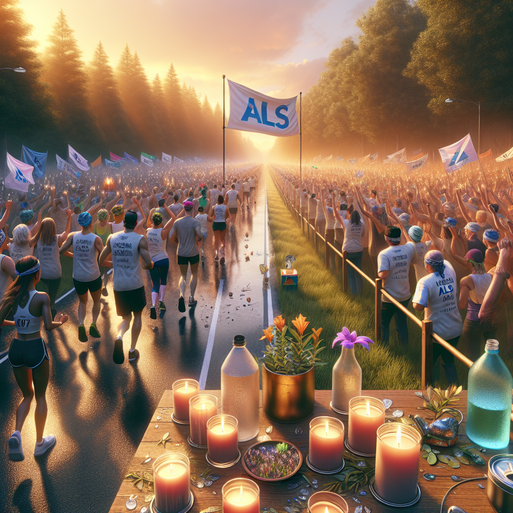 Generate a high-quality photorealistic depiction of a sequence representing the timeline of stunning ALS support events. Use natural lighting and soft shadows to cast a serene ambiance. Begin with a colorful charity run where diverse participants wearing bandanas of different colors are crossing a finish line, cheering and celebrating. The second is a soulful candlelight vigil held on a quiet evening, showcasing people of different descents and genders participating with heartfelt messages on their candles. Lastly, illustrate a vibrant fundraising concert where a melange of musicians of varying genders and descents are performing on a stage with a grand ALS banner overhead. Water should be subtly present in each event, such as in water bottles, dewdrops on the grass, and condensation on the concert equipment.