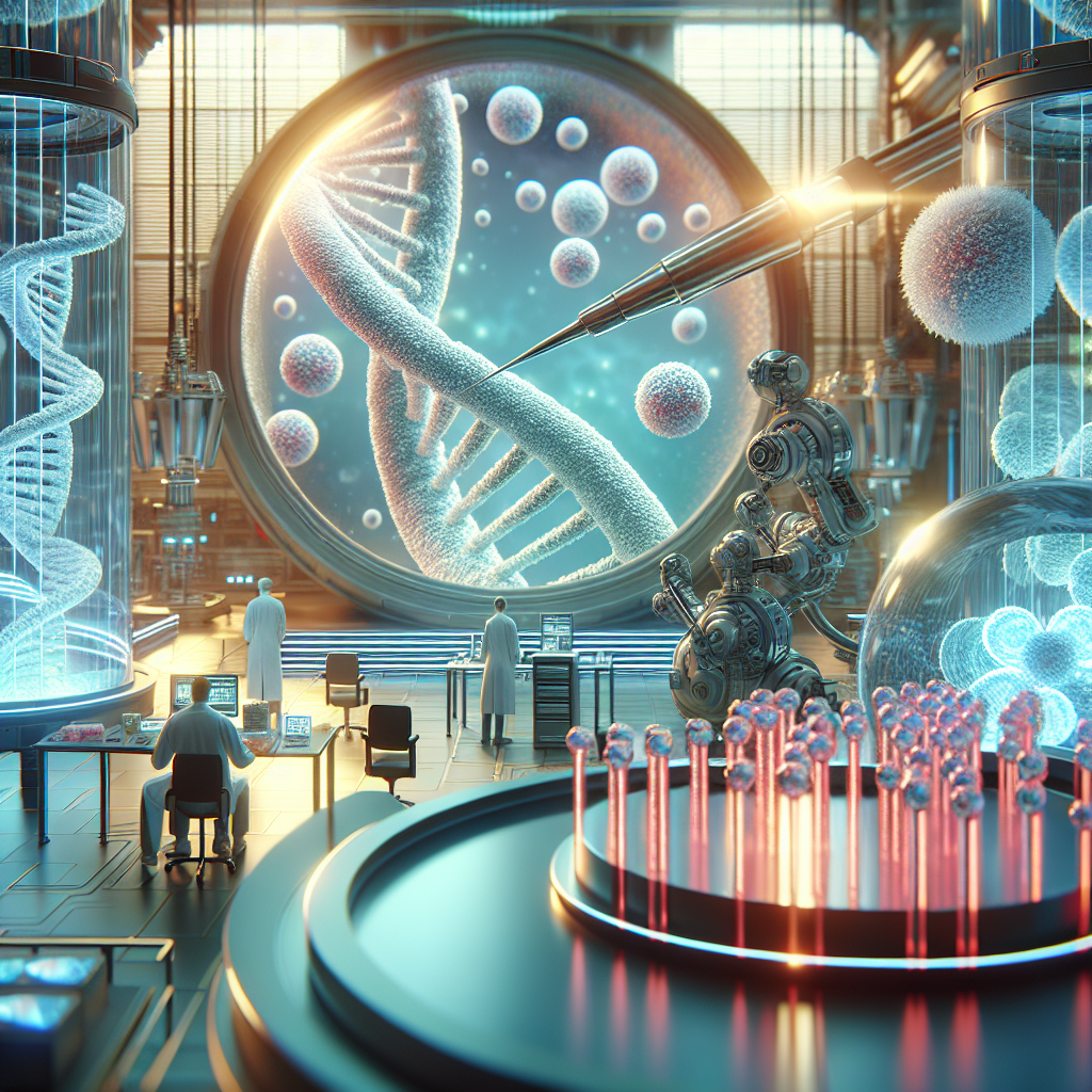 Illustrate a concept related to gene therapy being employed as a breakthrough treatment for ALS. Create a setting in a futuristic and highly advanced genetic research laboratory. Show a microscopic view of human genes being altered, while high-tech machinery looms in the background. Use natural lighting to illuminate the scene and create soft shadows for added depth. The mood should be hopeful and anticipatory, depicting the hope and potential of gene therapy. Ensure the image is high-quality and has a photorealistic appearance.