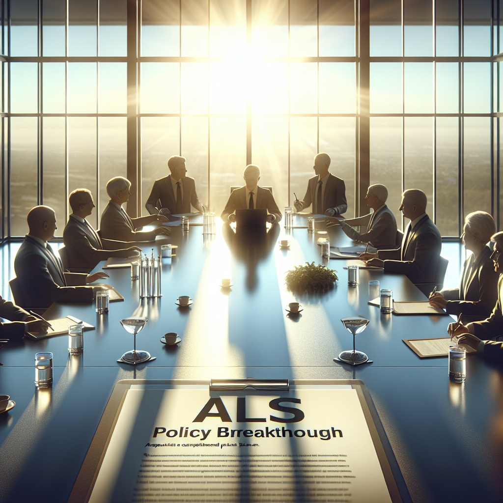 Create a vivid photorealistic image highlighting an important breakthrough in public policy related to ALS (Amyotrophic lateral sclerosis). Evoke a sense of accomplished triumph with the sun shining brightly, casting soft shadows, representing the dawning of a new era of hope. The scene includes a well-arranged conference room table showing a document marked 'ALS Policy Breakthrough', and various individuals around the table, all engaging in a collaborative discussion. Include ample natural lighting seeping through the large glass windows.