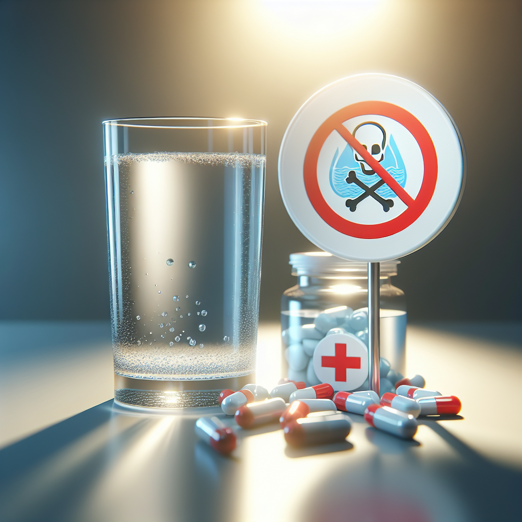 Generate a photorealistic image with natural lighting and soft shadows that convey the seriousness of the message: 'Awareness for ALS Treatments: Evade Hazardous Water Pollutants'. The image should prominently feature a glass of clear water next to a symbol or image that represents ALS treatments. Include a red stop sign or warning icon to signify the need to avoid harmful contaminants.