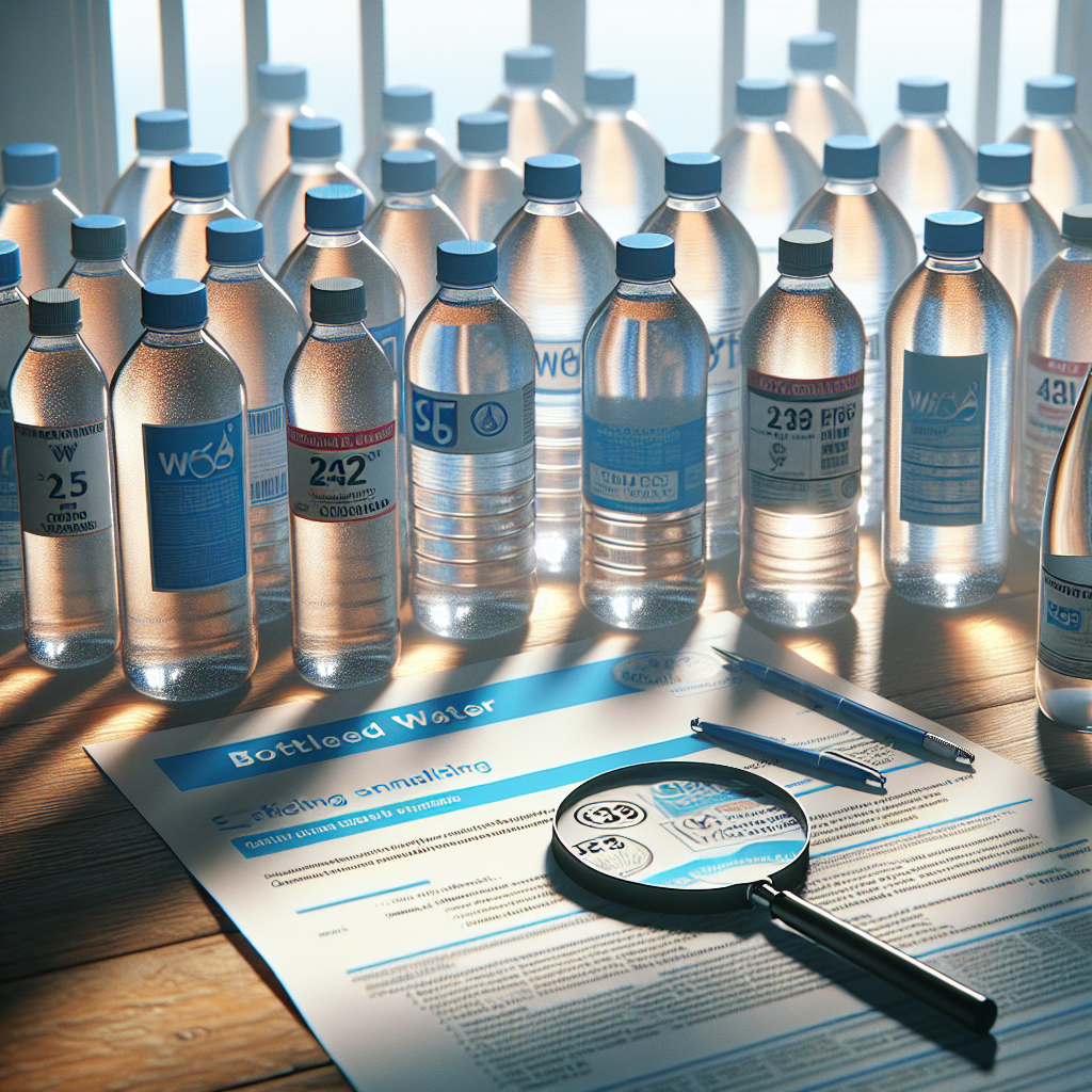 Generate a photorealistic image that illuminally uses natural lighting and soft shadows to depict a situation reflecting striking gaps and missteps in bottled water regulations. This could include an array of bottled water with variety of labels specifying diverse non-standardized quality norms, a printed sheet showcasing contrasting regulations, and a magnifying glass focusing on one of the bottles. The scene unfolds on a wooden table bathed in the soft natural light from a nearby window.