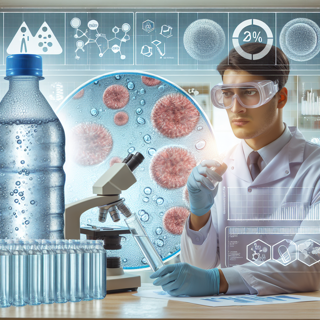 An expertly designed educational scene showing a study on the danger of bottled waters. There is a magnified view of bottled water where dangerous bacteria or substances can be clearly seen. Alongside are elements visualising various information related to the study like graphs, diagrams, and infographics. The entire image should have natural lighting and mild shadows to maintain a realistic look. There is a professional of undetermined gender, with an Asian ancestry, wearing safety goggles and a lab coat, carefully observing the water sample under a microscope.
