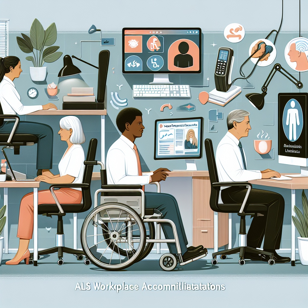 An image depicting ALS workplace accommodations showing various adaptations designed to improve the work experience for individuals with Amyotrophic lateral sclerosis. The focus is on must-have solutions including adjustable desks for a wheelchair-bound Caucasian man, voice recognition software on a computer screen for a Hispanic woman, and ergonomic keyboard and mouse for a Black man. There should also be a Middle-Eastern woman using assistive mobility devices, a South Asian man using specialized seating, and a white woman utilizing software that aids visual impairment. The image is characterized by natural lighting and soft shadows, showcasing a supportive and comfortable work environment.