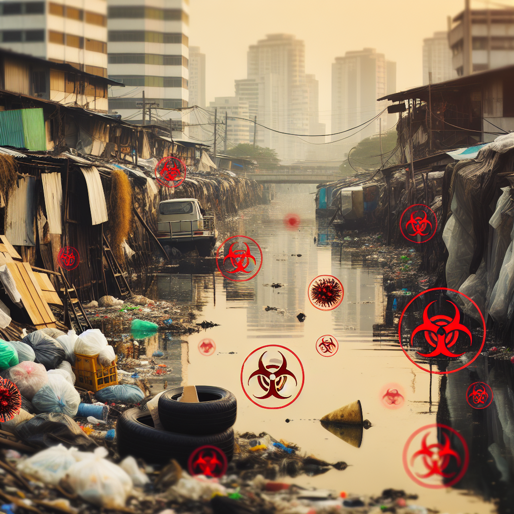 Depict an urban environment in the presence of severe water pollution. Fill the scene with evidences of toxicity, such as murky contaminated water, litter floating on the surface, and visible chemical discharge from nearby factories. To illustrate the risk of a hepatitis outbreak, overlay the image with bio-hazard symbols and add ominous red circles around certain elements like poor sanitation and crowded living conditions. Ensure to use natural lighting with soft shadows for the entire composition, bringing particular attention to the pressing issue at hand.