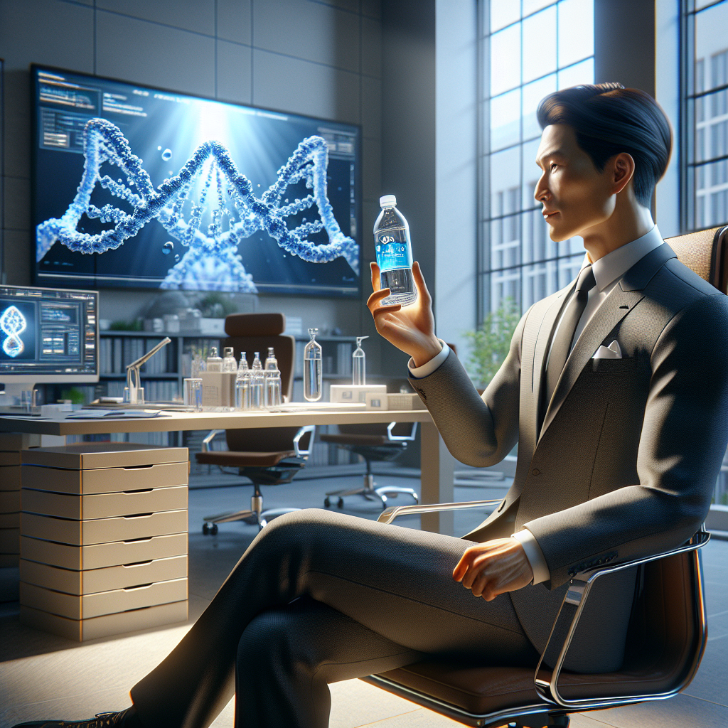 A highly detailed, photorealistic image showcasing the momentous occasion of a breakthrough in ALS research. The scene unfolds inside a corporate office, where an Asian male CEO of a water company, adorned in a sharp suit, is expressing accountability for the cause. His setting can be characterized by natural lighting and soft shadows in the room, hinting at the calm yet important atmosphere. The CEO is holding up a water bottle implying hydration's link with the breakthrough, while a monitor in the background displays the molecular structure of the ALS protein, symbolizing the scientific advancement.