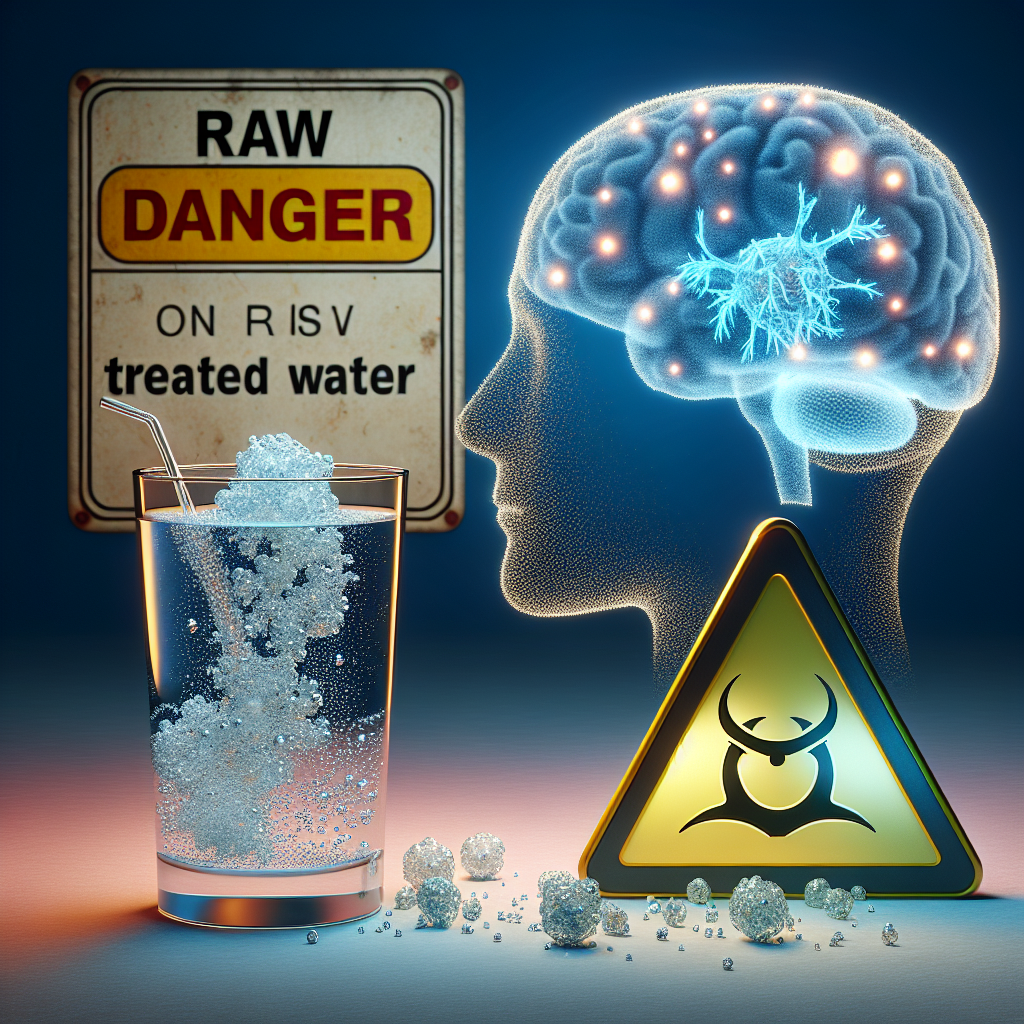 A conceptual image symbolizing the impact of raw treated water on the risk of ALS (Amyotrophic Lateral Sclerosis). Picture a 3D glass of raw treated water, with scintillating particles indicating impurities, beside an ominous silhouette of a neurological symbol. A hovering danger sign symbolizes the risks involved. Utilize natural lighting and soft shadows to create a thought-provoking, photorealistic illustration.