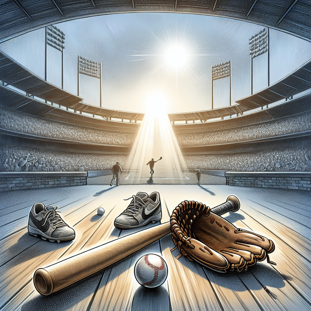 Illustration capturing the legacy of a renowned American baseball player renowned for his perseverance and contribution to sports, while highlighting the intersection of his career and his struggle with a critical health condition. This vital health challenge, often associated with him, is symbolized through imposing obstacles in the stadium. The emphasis is on a baseball stadium bathed in natural sunlight, evoking feelings of nostalgia, struggle, and resilience. Detailed elements should include a baseball bat, gloves and a baseball, and subtle visual cues referring to his health condition, all beautifully enveloped in soft shadow effects.