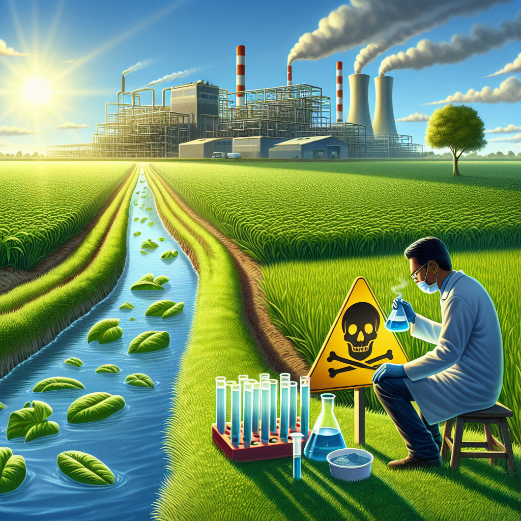 Visualize a scenario which represents the risk of ALS due to pesticide runoff. Picture a farm with lush green crops against the backdrop of a sunny sky. In the foreground, show a visual metaphor of hazard, such as a warning sign or a skull symbol, to represent the unanticipated danger. Also, include a pristine river nearby becoming slightly tainted near the farm, suggesting contamination. A figure should be present, studying a sample of the tainted water in a test tube, showing concern. This figure is a South Asian male scientist in a lab coat. The scene must be clear, detailed and bathed in natural light with soft shadows.