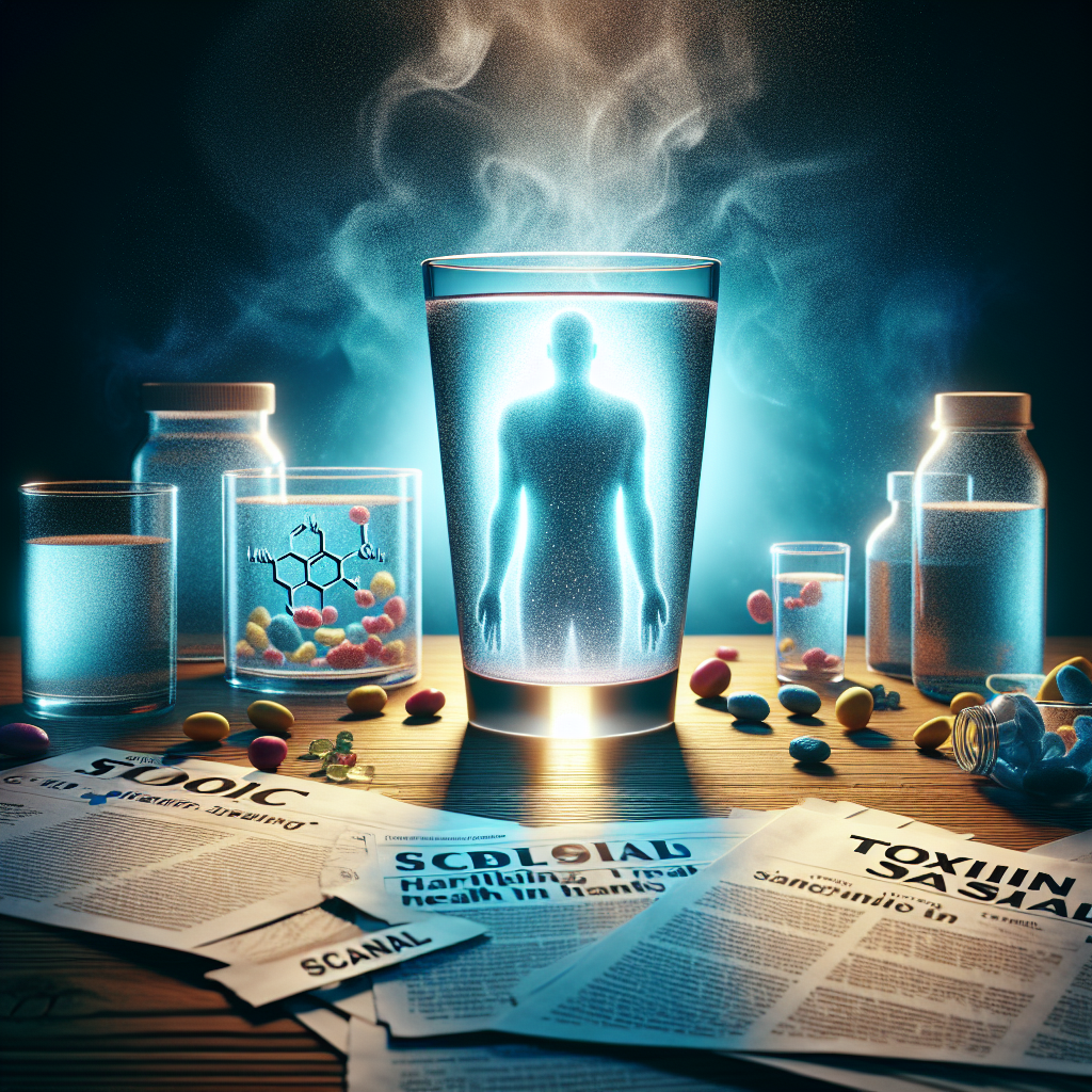 A striking illustrative image that reflect shocking health impacts related to the scandal of alkaline water toxins. The scene should depict water in a glass with a subtle dangerous glow and a silhouette of a human figure etched onto it, symbolizing the potential harm to health. Include vivid elements such as scatterings of scientific reports and newspaper clippings on a wooden table, with titles highlighting 'toxin' and 'scandal', hinting at the controversial underlying theme. The image should be rendered in natural lighting, with soft shadows for a dramatic and realistic effect.