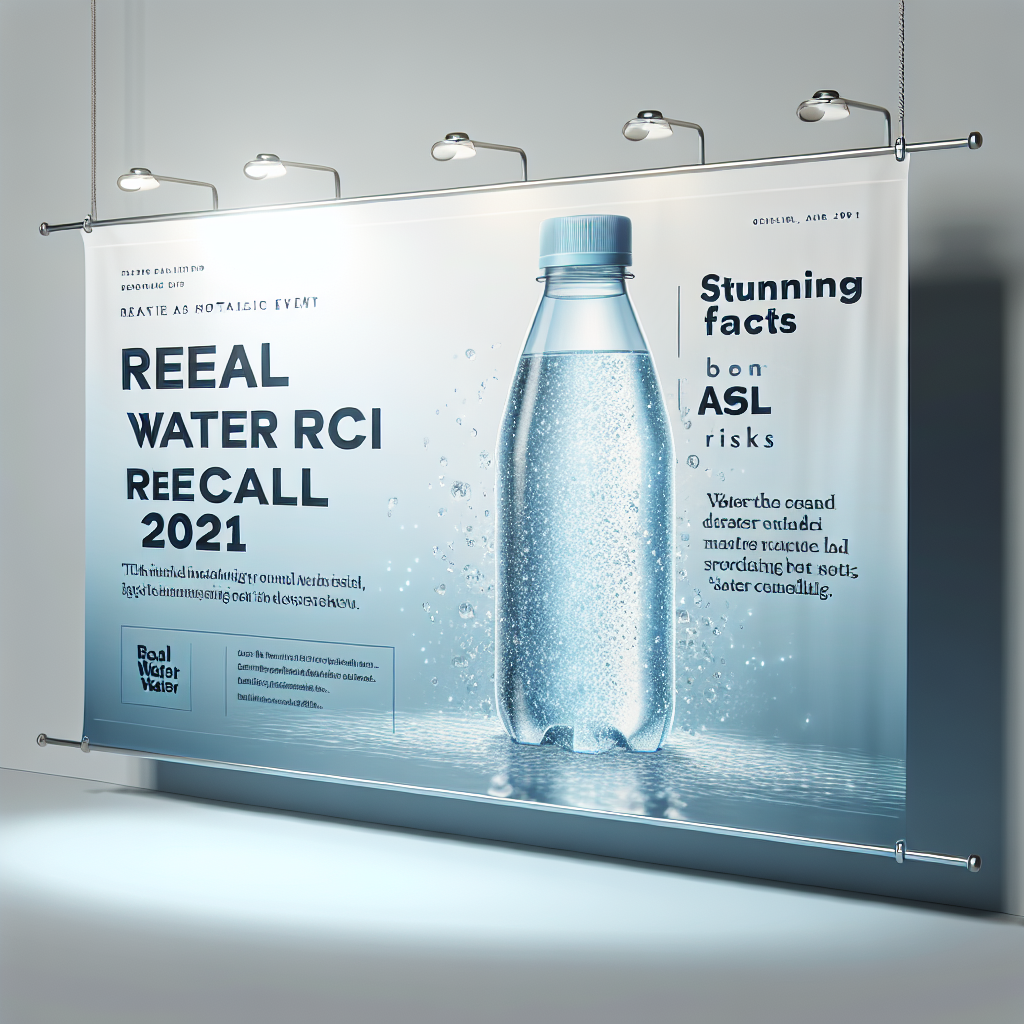 Visualize a photorealistic banner related to a fictional event titled 'Real Water Recall 2021'. The banner features a crystal clear water bottle, symbolically indicating water quality issues. Underneath, include text that states: 'Stunning Facts Behind ALS Risks'. Ensure the image has natural lighting and soft shadows for a realistic look.