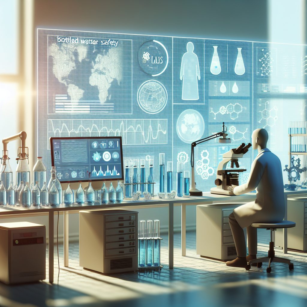 Visualize a scene focused on bottled water safety. Show a laboratory setting where scientists are actively investigating potential contaminants that could be linked to ALS. Highlight various equipment like microscopes, test tubes, petri dishes, and computers displaying data graphs. This scene should elaborate on the significant study of water quality, featuring soft shadows and natural lighting.