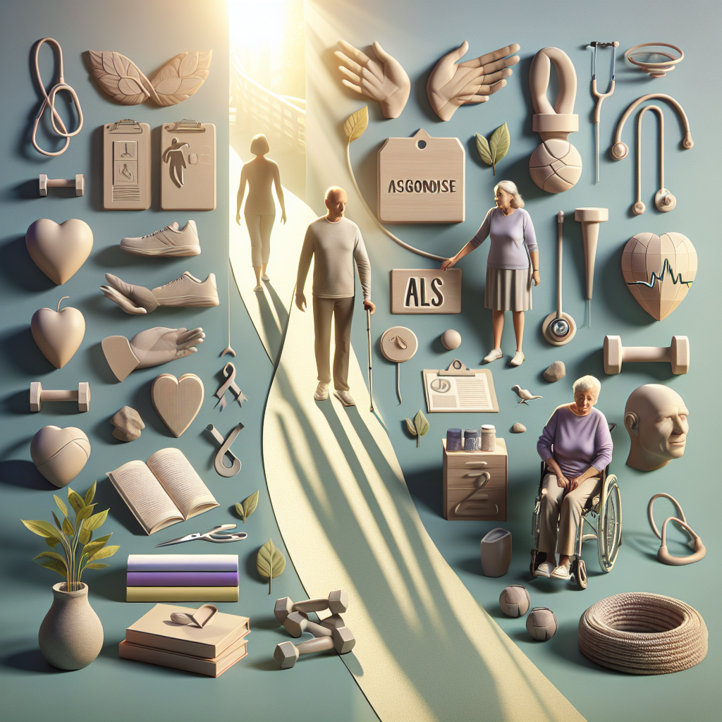 Create a symbolic, high-quality image representing the emotions associated with ALS diagnosis and the coping strategies commonly used. Visualize this through metaphorical objects and scenes, with natural lighting casting soft shadows. For instance, a path representing the journey through the diagnosis, people of different descents and genders offering each other support, and items symbolizing various coping mechanisms - such as books for education, exercise gear for physical therapy, or plants for growth and healing. All elements should be arranged in a serene and calming setting to showcase the theme of effortless coping.