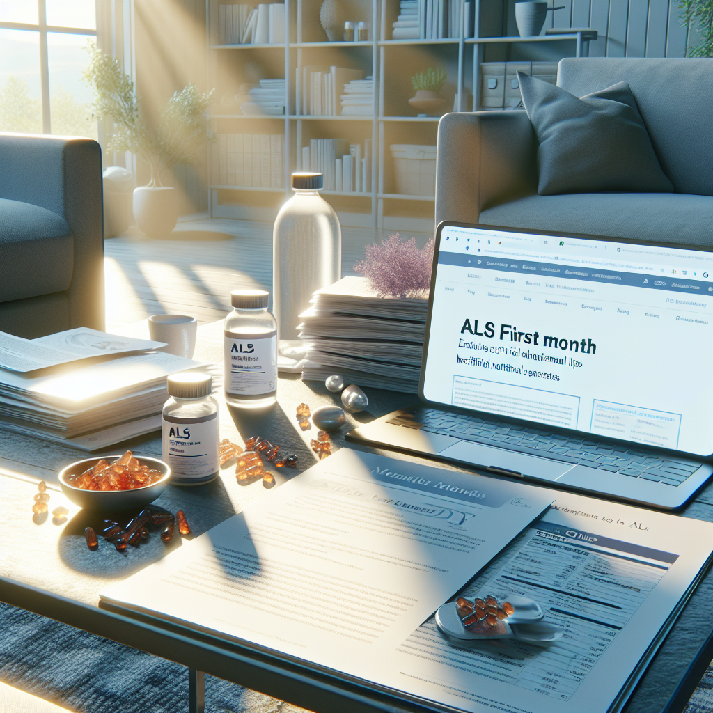 A highly detailed, photorealistic depiction of a well-lit environment, perhaps a comfort-based living room, ideally in the daytime to allude to natural lighting. Within this scene, several informational pamphlets, medical documents concerning ALS disease and beneficial nutritional supplements are scattered around a coffee table. Nearby, there is an open laptop displaying a blog site titled, 'ALS First Month: Exclusive Survival Tips for Best Results'. The soft shadows indicate the early afternoon, representing a hopeful ambiance.