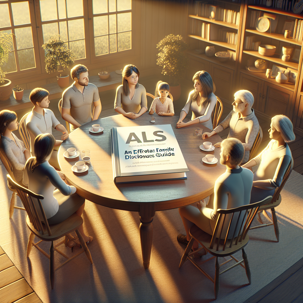 Generate a photorealistic picture illustrating the concept of a family disclosure guide for ALS. The scene takes place in a warm, well-lit room with a family, differentiated by age and relationship. They are involved in a conversation around a big round table, with a guide book titled 'ALS: An Effortless Family Disclosure Guide' placed centrally on the table. The family should portray a mixture of emotions; curiosity, understanding, and empathy. Use natural lighting and soft shadows to create a serene and supportive environment.